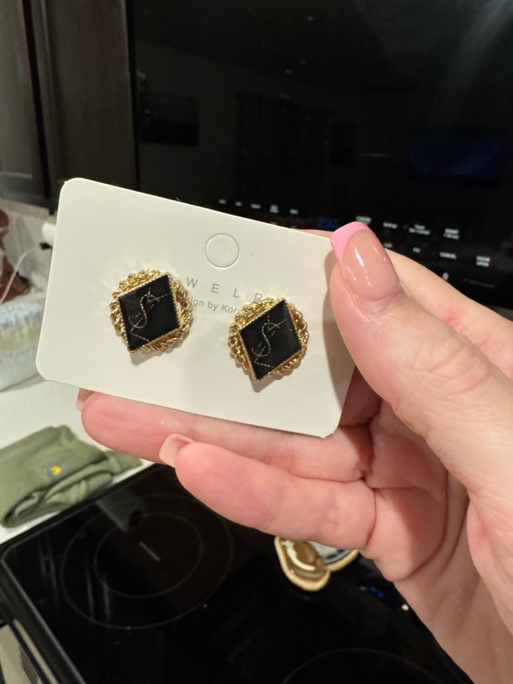 Gold and Black Square Rope-Edge Stud Earrings
